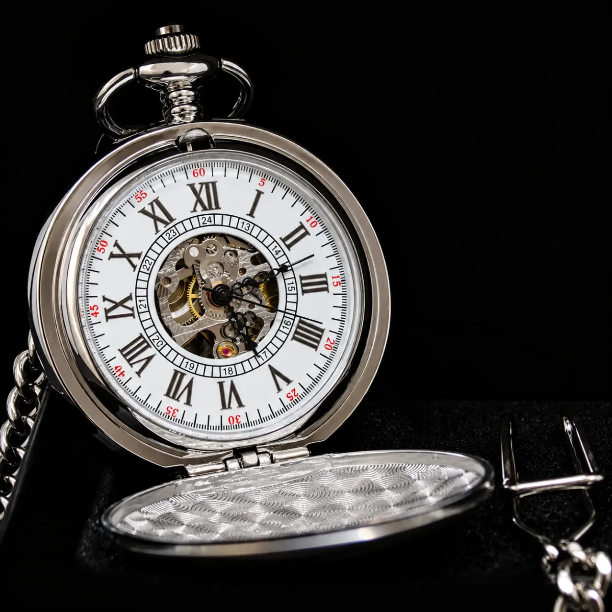 Zilveren zakhorloge met ketting - geborsteld staal