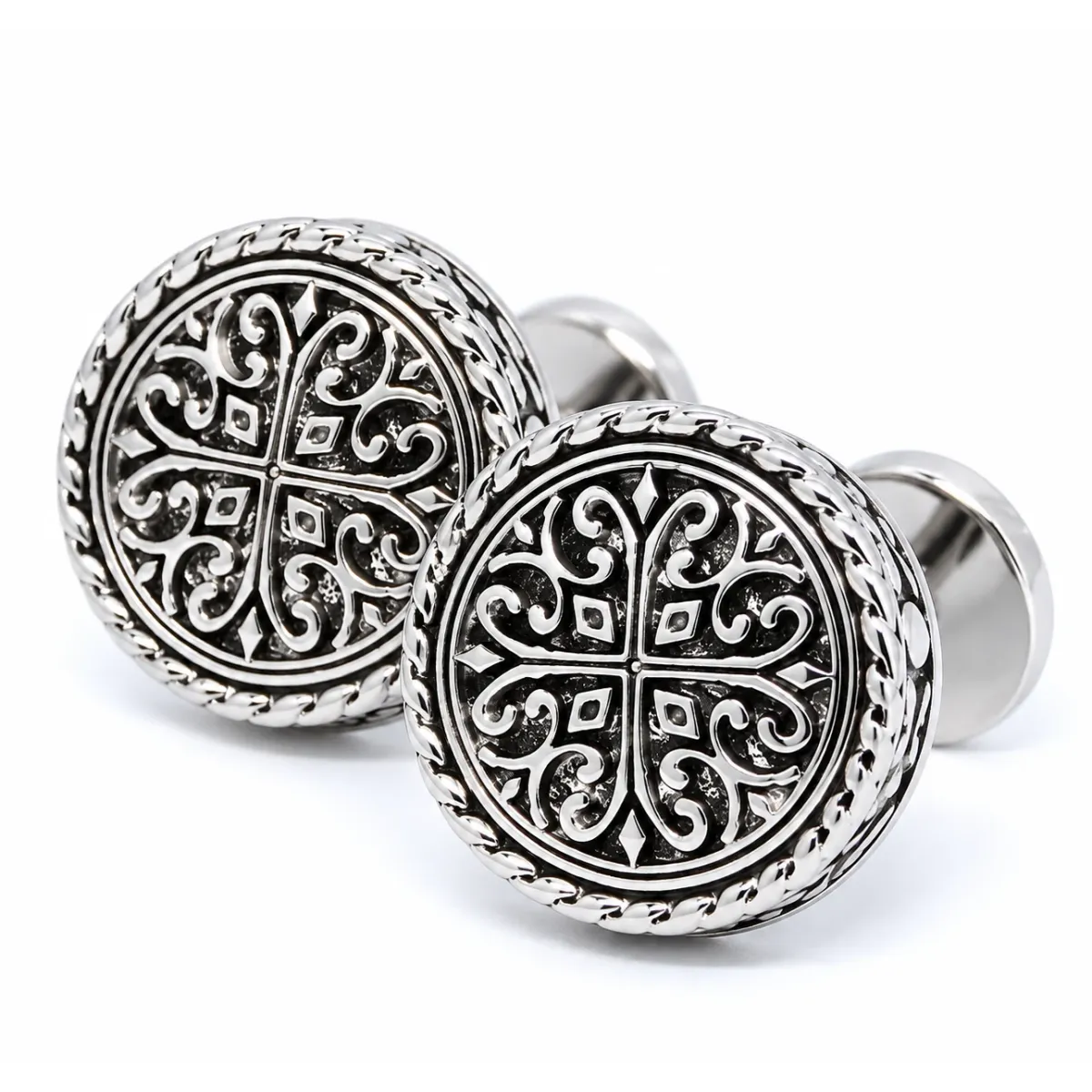 Ronde vintage manchetknoop - zilver met oud sierlijk patroon