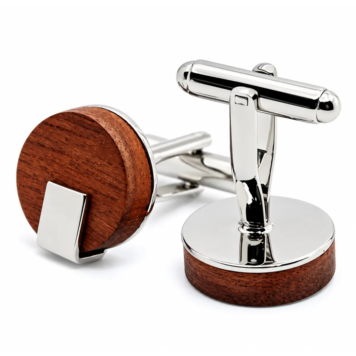 Ronde donkere houten manchetknoop met zilver