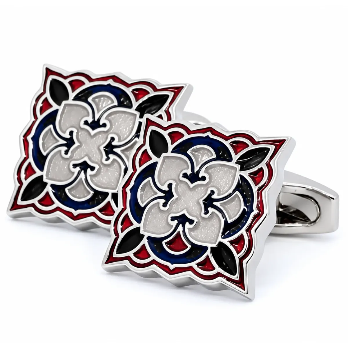 Vierkante zilveren manchetknoop - bruin rode azulejos-patroon