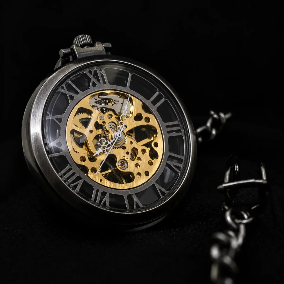 Antraciet zakhorloge met ketting - doorzichtig goudkleurig uurwerk
