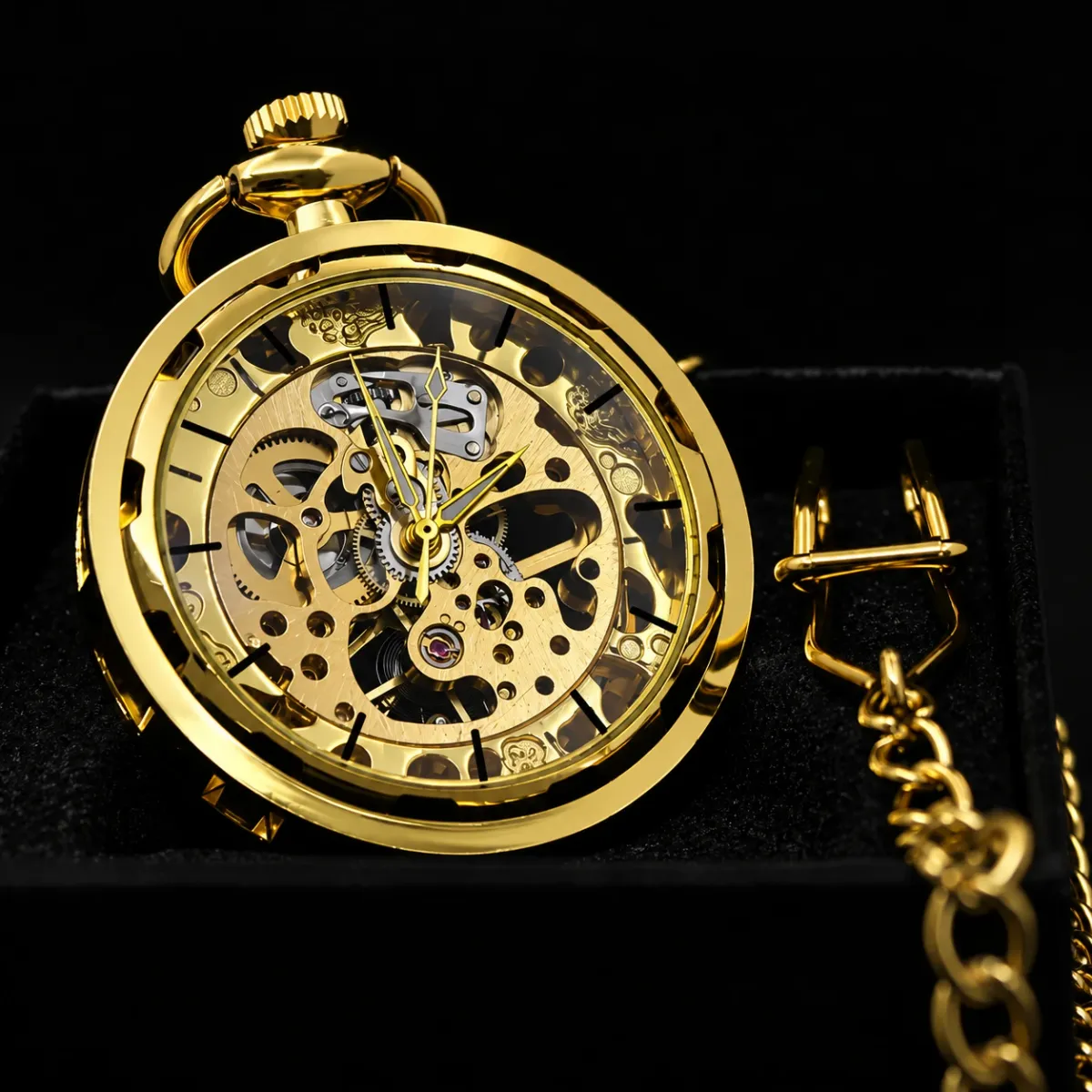 Gouden zakhorloge met ketting - transparant uurwerk