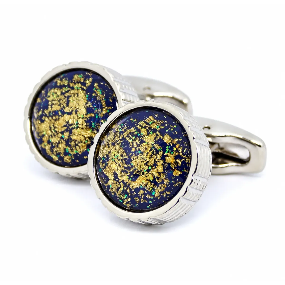 Luxe ronde manchetknoop zilver - blauw met goud
