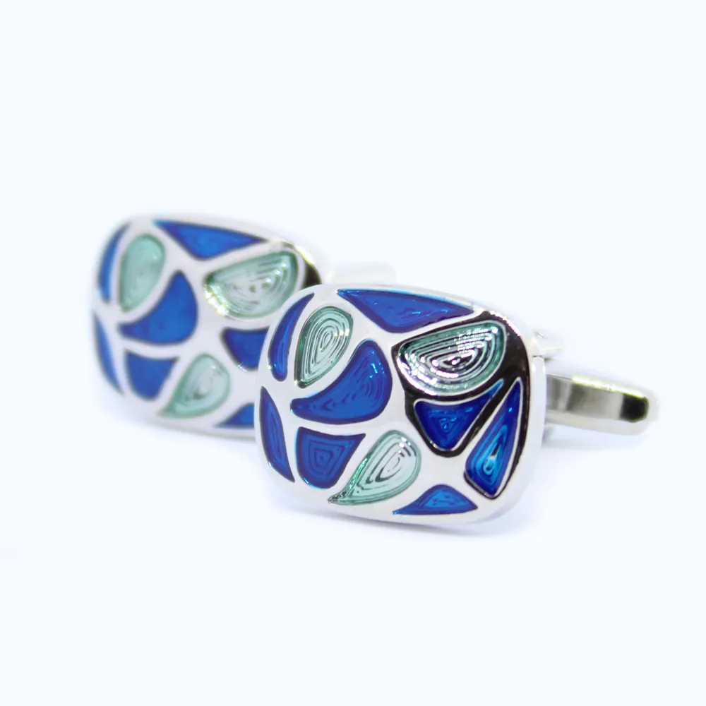 Rechthoekige manchetknoop - zilver met blauwe swirl