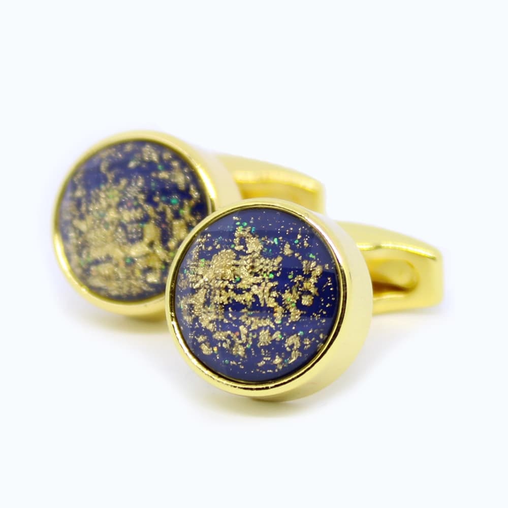 Luxe ronde manchetknoop goud gladde rand - blauw met goud