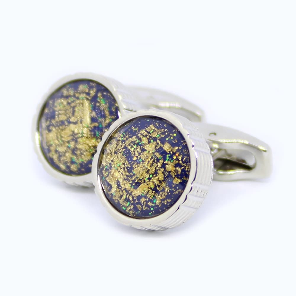 Luxe ronde manchetknoop zilver - blauw met goud