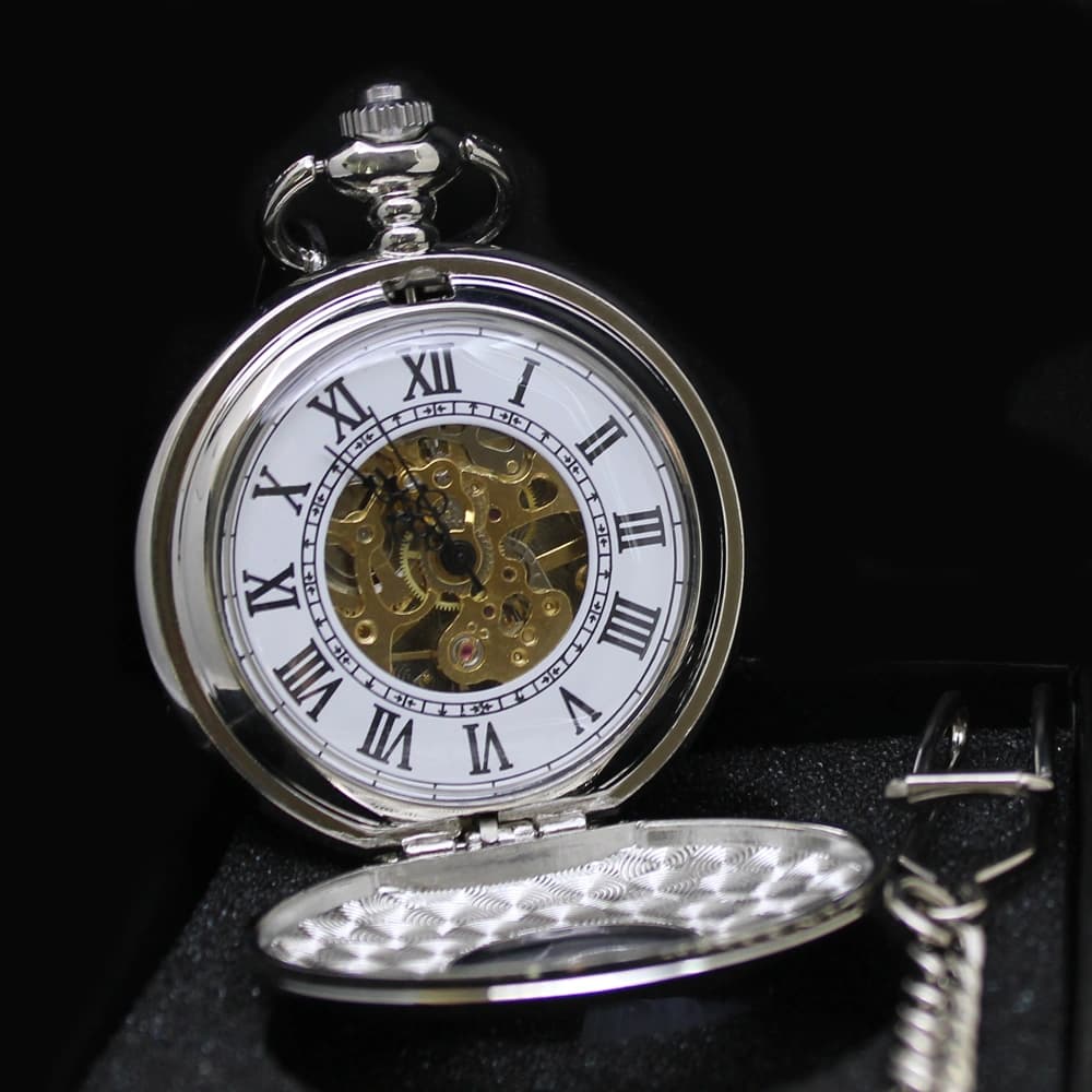 Zilveren zakhorloge met ketting – dubbele opening met doorkijk