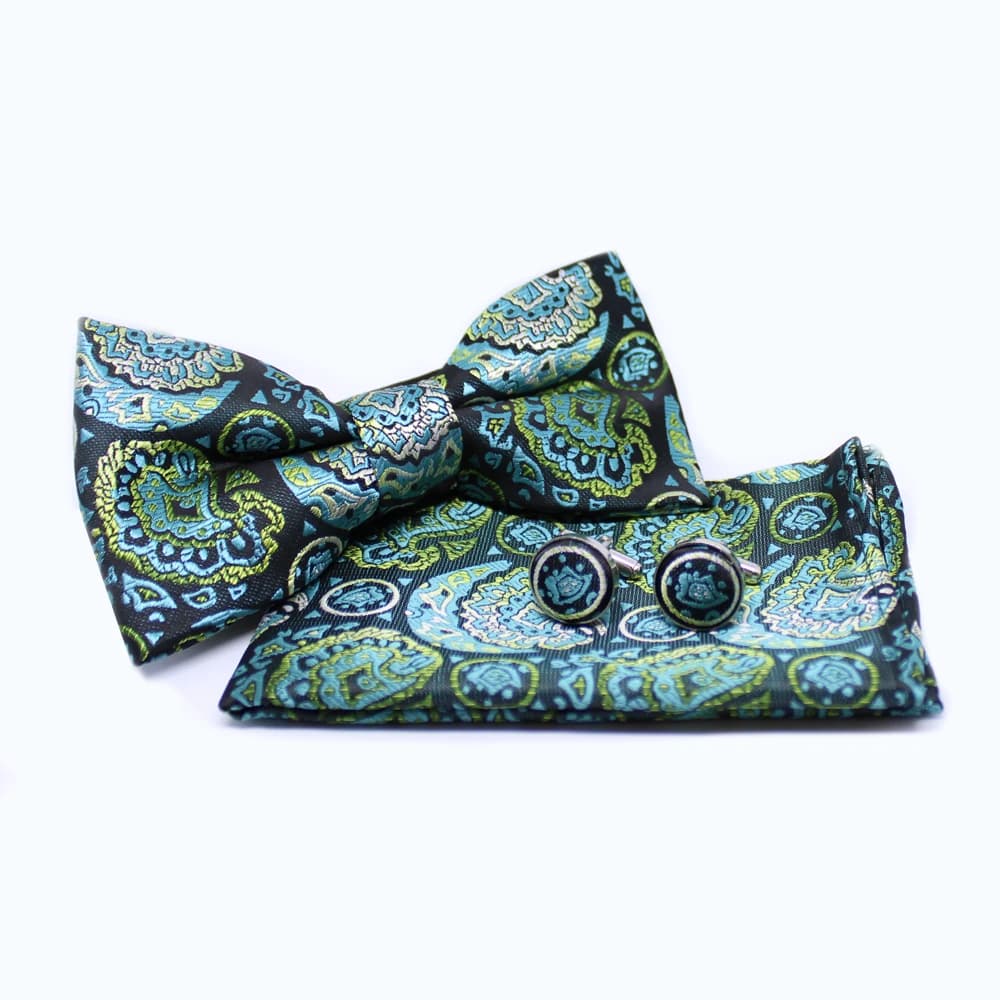 Set met vlinderdas, pochet en manchetknopen - groen vintage patroon