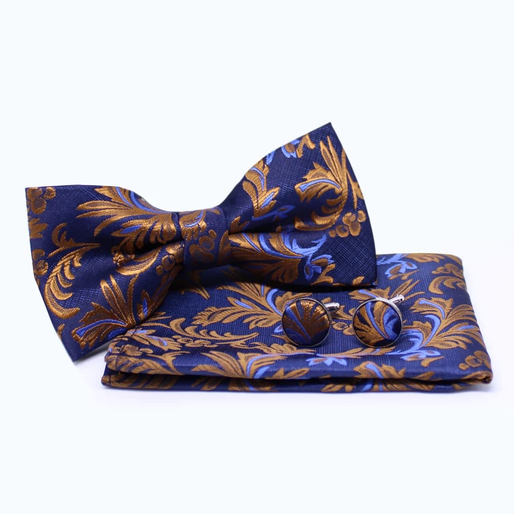 Set met vlinderdas, pochet en manchetknopen - blauw bronzen krullen