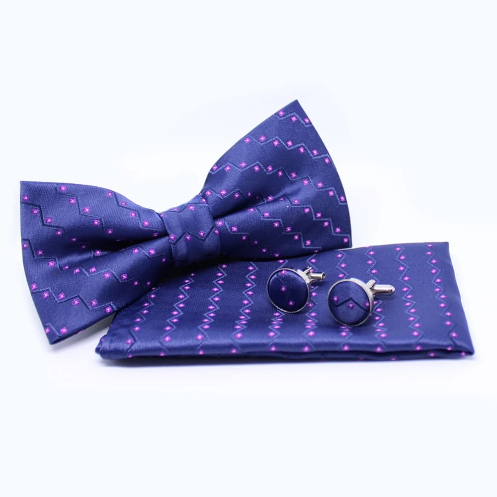 Set met vlinderdas met pochet en manchetknopen - blauw met paarse stippen