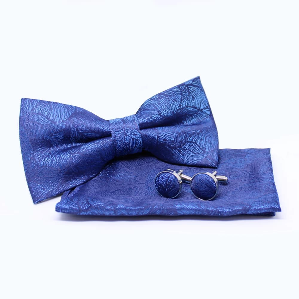 Set met vlinderdas, pochet en manchetknopen - blauw met patroon