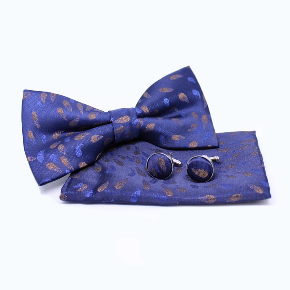 Set met vlinderdas, pochet en manchetknopen - blauw met bruine streepjes