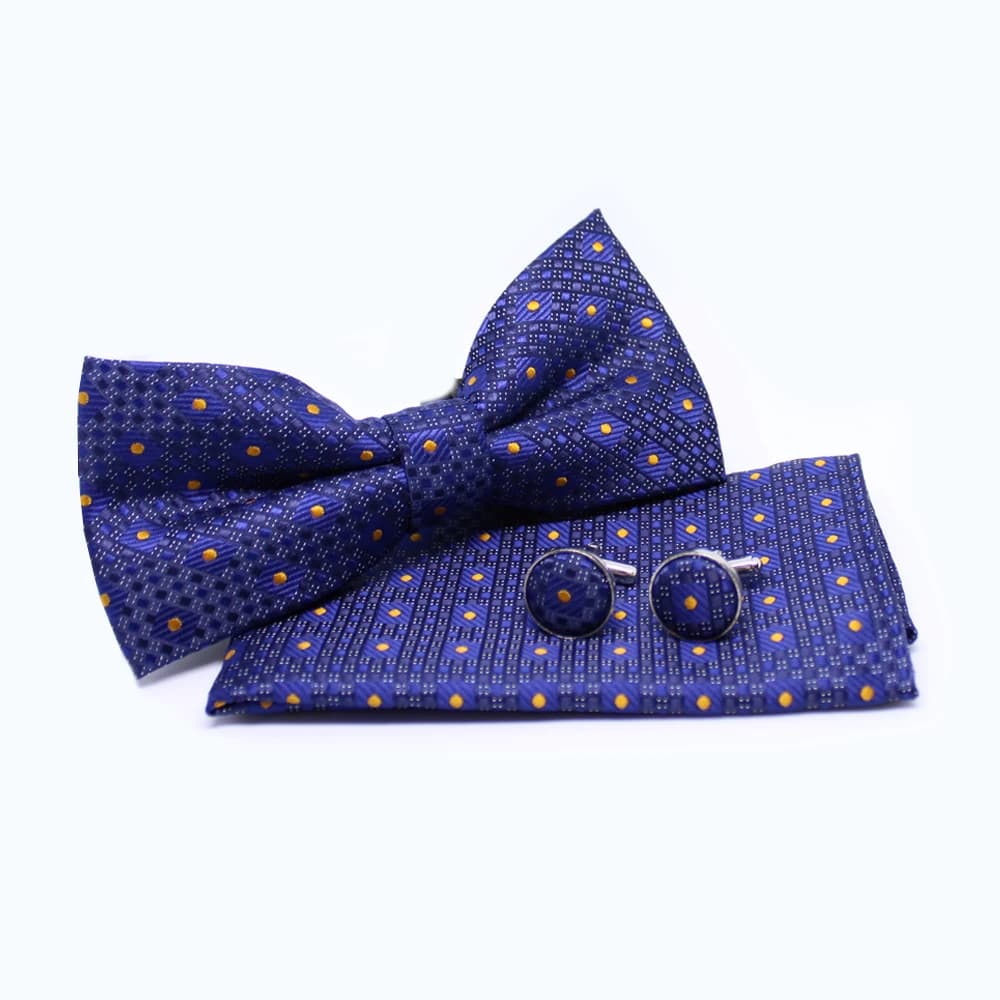 Set met vlinderdas, pochet en manchetknopen - blauw met gele stippen