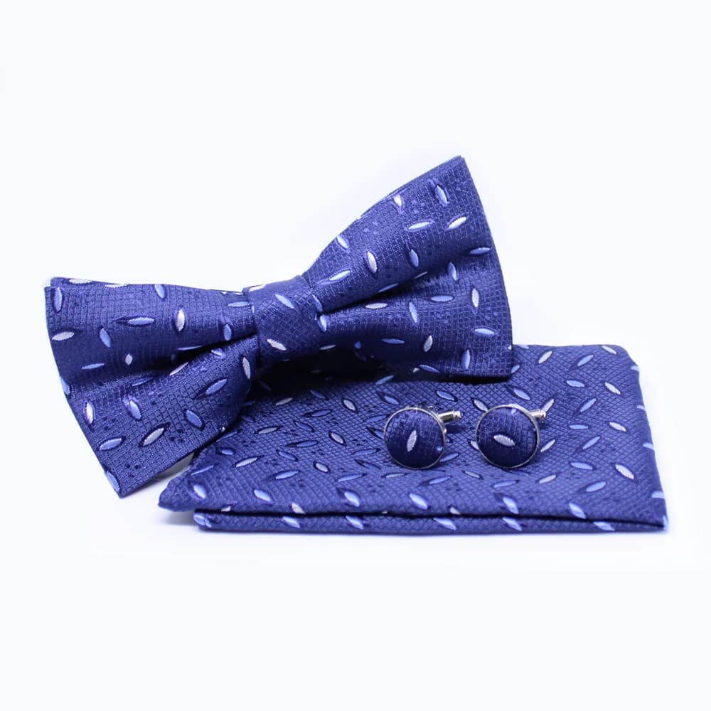 Set met vlinderdas, pochet en manchetknopen - donkerblauw met streepjes