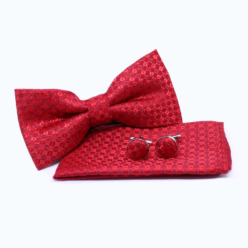 Set met vlinderdas met pochet en manchetknopen - rood geblokt patroon