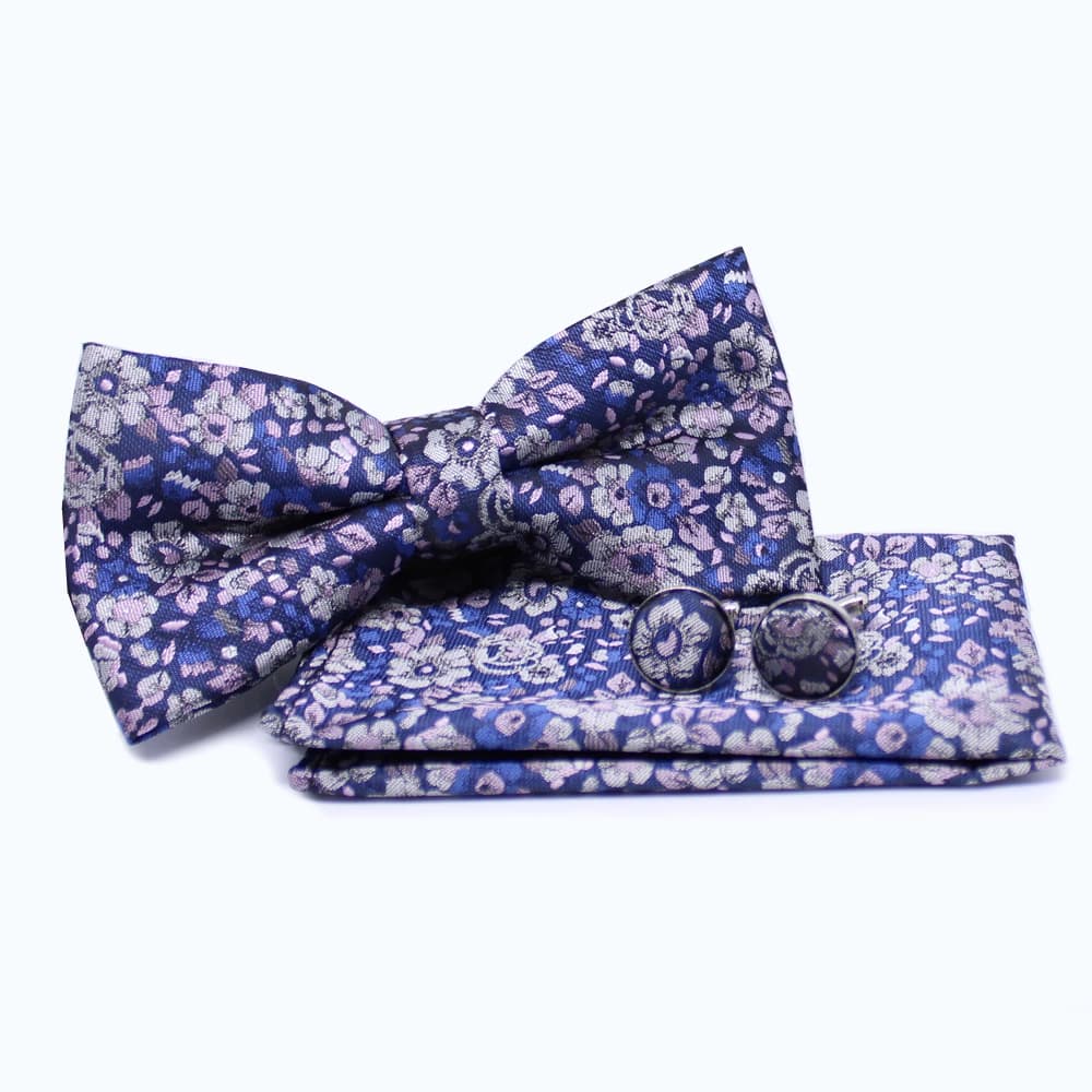 Set met vlinderdas met pochet en manchetknopen - vintage jaren '80 bloempatroon
