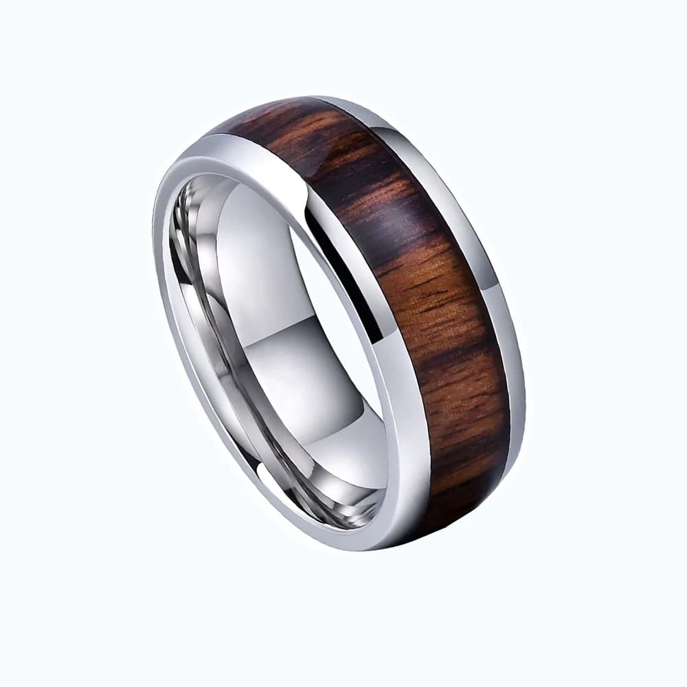 Zilverkleurige mannen ring - brede houtlook band