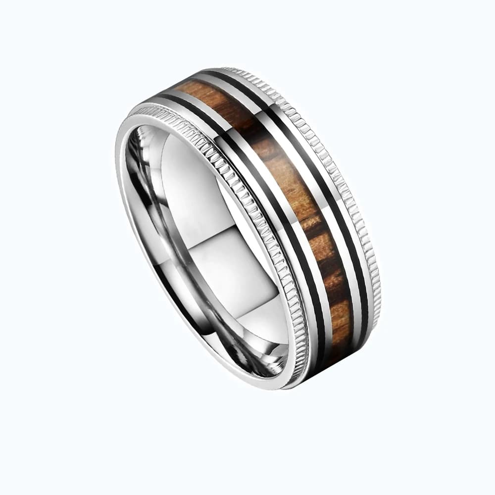 Zilverkleurige mannen ring - smalle houtlook band