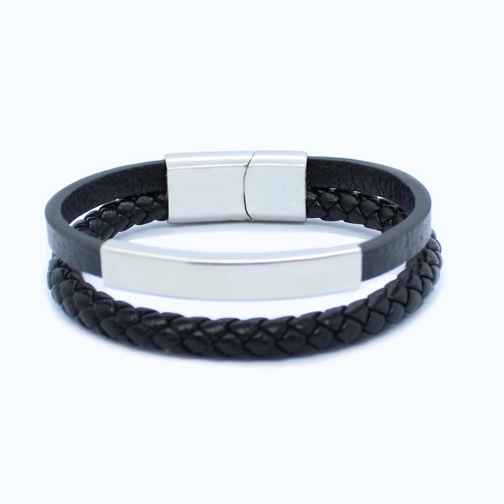 Leren armband - dubbele band bar