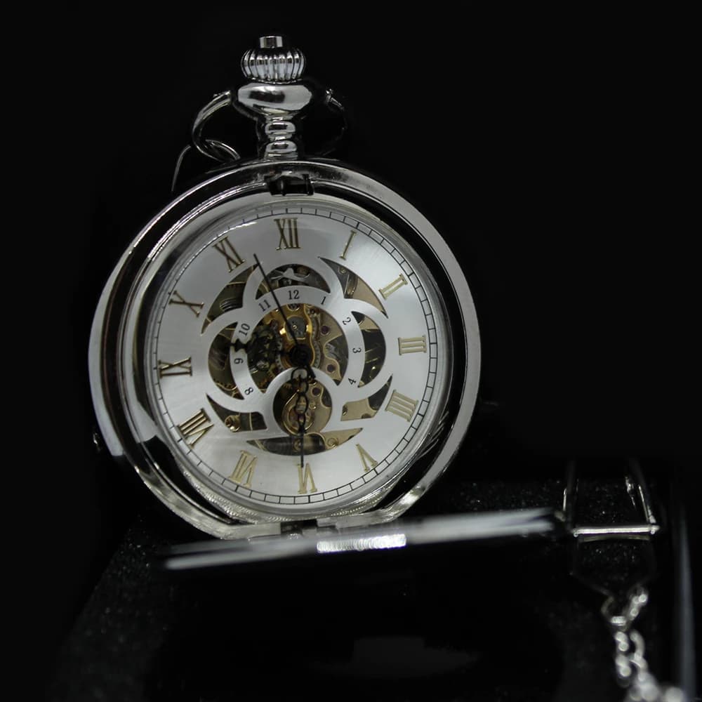 Zilveren zakhorloge met ketting - klaver