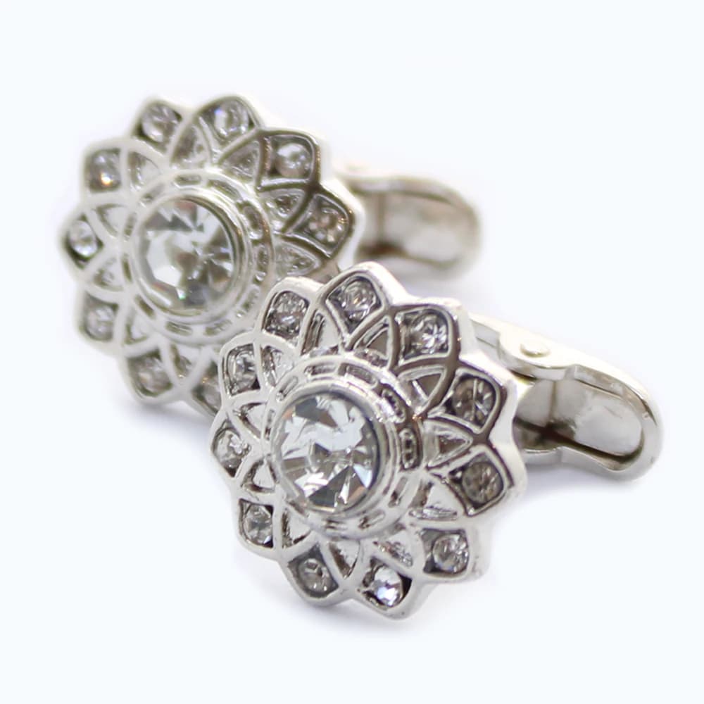 Zilverkleurige manchetknoop – bloem met diamanten