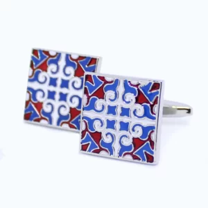 Vierkante zilveren manchetknoop - blauwe rode azulejos-patroon