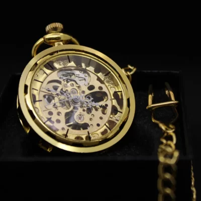 Gouden zakhorloge met ketting – transparant uurwerk