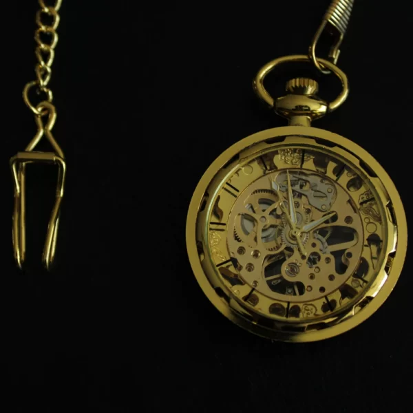 Gouden zakhorloge met ketting klassieke wijzers – transparant uurwerk
