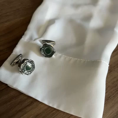 Luxe ronde manchetknoop zilver - groene knoop