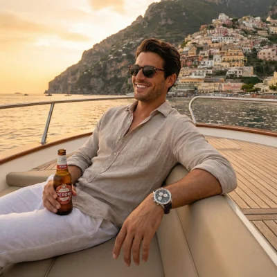 Luxe herenhorloge Swiss Made - Valore Lusso - Marrone - Positano shoot op luxury boat
