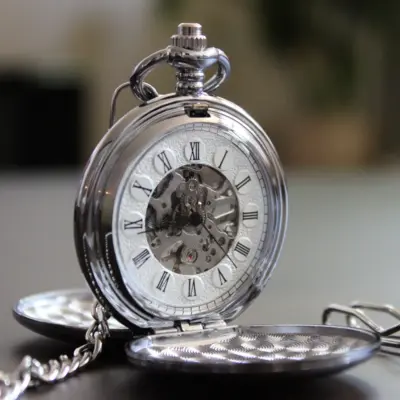Zilveren zakhorloge met ketting - dubbele opening